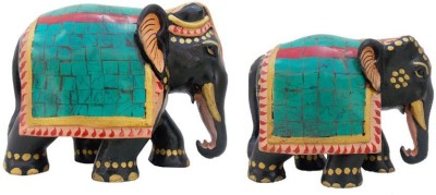 Indune Lifestyle Handcrafted Semi Precious Stone Elephant Set Decorative Showpiece  -  10 cm(Wood, Multicolor)