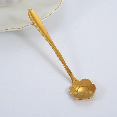 Litvibes Set of 4 tableware Flower Dessert spoon & Ice cream gold spoon- SUNFLOWER DESIGN Stainless Steel Table Spoon Set(Pack of 4)