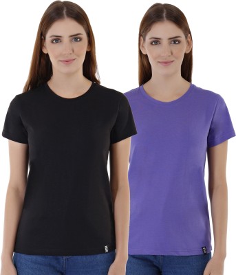 VISO the face Solid Women Round Neck Purple, Black T-Shirt