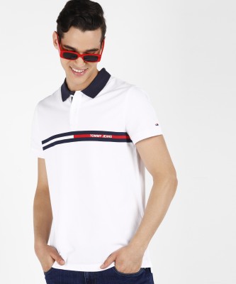 TOMMY HILFIGER Striped Men Polo Neck White T-Shirt