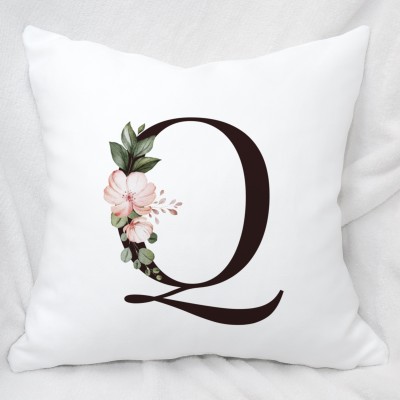 Plezer Color Lab Alphabet Letter 'Q' Name Initial Pillow Cover With Filler (16x16 inch) (Square) Polyester Fibre Floral Cushion Pack of 1(White)