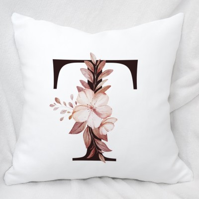 Plezer Color Lab Alphabet Letter 'T' Name Initial Pillow Cover With Filler (16x16 inch) (Square) Polyester Fibre Floral Cushion Pack of 1(White)