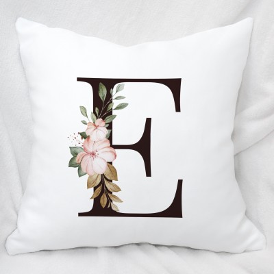 Plezer Color Lab Alphabet Letter 'E' Name Initial Pillow Cover With Filler (16x16 inch) (Square) Polyester Fibre Floral Cushion Pack of 1(White)