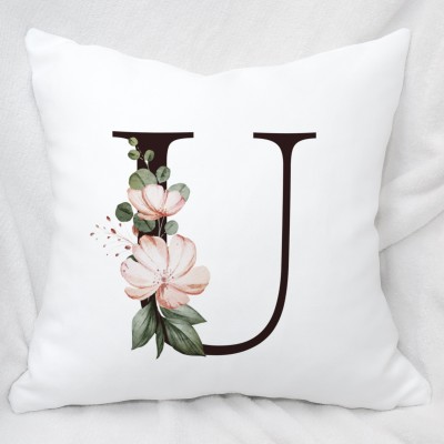 Plezer Color Lab Alphabet Letter 'U' Name Initial Pillow Cover With Filler (16x16 inch) (Square) Polyester Fibre Floral Cushion Pack of 1(White)