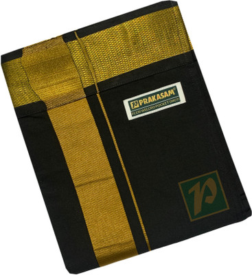 Prakasam Cotton Premium Quality 2inch Gold Jari Border Flexi Size Black Welcro Pocket Solid Men Dhoti