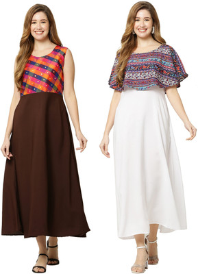 Asad Fashion Women Gown White, Brown Maxi/Full Length Dress