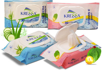 KRESSA Wet Wipes Pack of 4 - Aloe Vera Cucumber & VitaminE Mint 2 Pack Each PH Balanced(120 Tissues)