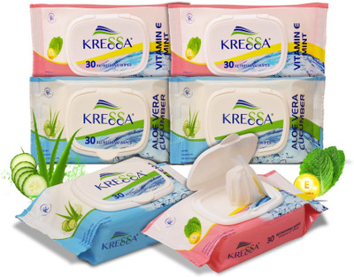 KRESSA Wet Wipes Pack of 6 - Aloe Vera Cucumber & VitaminE Mint 3 Pack Each PH Balanced(180 Tissues)