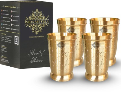 IndianArtVilla (Pack of 4) 4-Brass Glass Tumbler With Eteched Handmade Mughlai Design in Matt Finish Glass(300 ml, Brass)