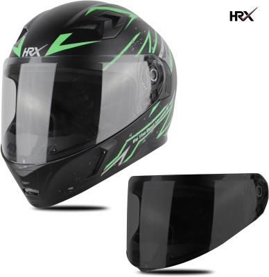 HRX XTRM Full Face Clear Visor + Smoke Visor Air Ventilated ISI Marked Decal Motorbike Helmet  (MAT BLACK GREEN) For Rs. 1137 @ 50 %