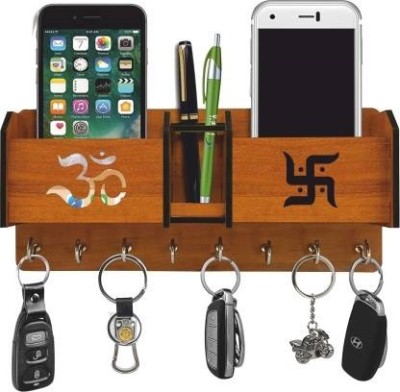 H.R. Enterprises 2 pocket with pen stand holder for home office bedroom Design21(Om Swastik) Wood Key Holder(8 Hooks, Brown)