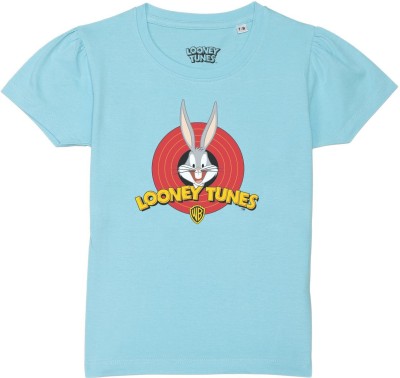 Looney Tunes by Wear Your Mind Girls Typography, Printed Pure Cotton T Shirt(Blue, Pack of 1)