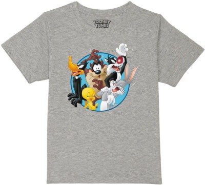 Looney Tunes by Wear Your Mind Boys Printed Pure Cotton T Shirt(Grey, Pack of 1)