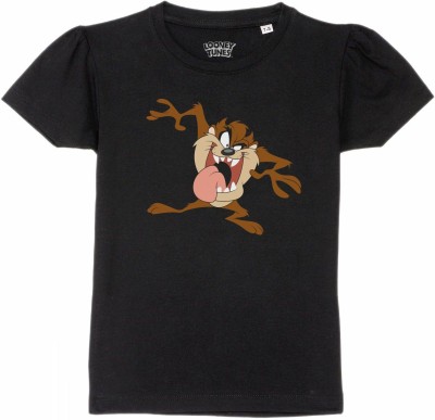 Looney Tunes by Wear Your Mind Girls Printed Pure Cotton T Shirt(Black, Pack of 1)