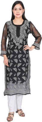 Lucknowi Chikankari Women Embroidered Straight Kurta(Black)