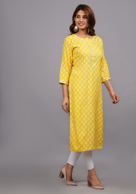 Shri Krishna Saree Center Women Printed Straight Kurta(Yellow)