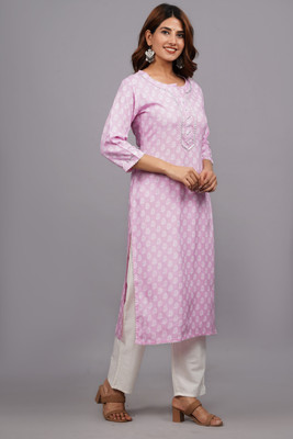 Shri Krishna Saree Center Women Printed Straight Kurta(Purple)