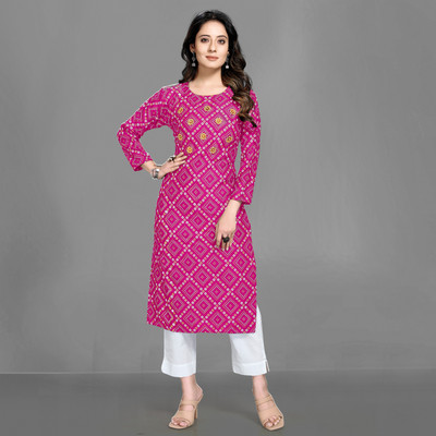 RUDRA ONLINE Women Printed Straight Kurta(Pink, White, Gold)