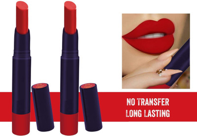 MYEONG No Transfer Waterproof Smudge -Proof Matte Lip Lock Pack Of Two(Brave Red, 7.4 g)