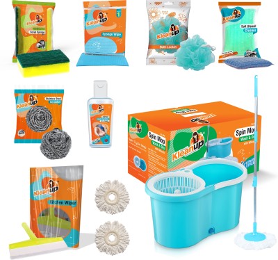 Pranay's Kleanup Combo Spin Bucket Mop 2Refill Wipe Wiper Scrubber Foam pad Loofah Sanitizer Mop Set