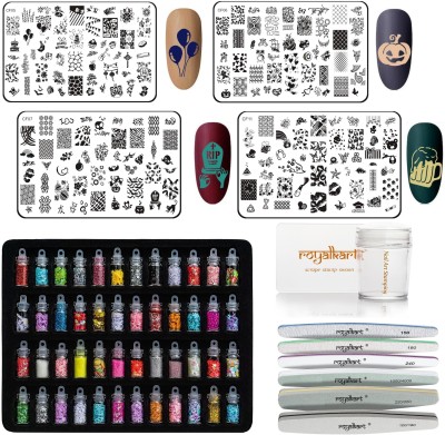 Royalkart Nail Art Kit Combo of 4pcs Stamping Plates, Filer, Silicone Stamper and Glitters(Multicolor)