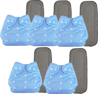 Smiling Cart 5pc Cloth Diapers and 5pc Wet-Free Insert ,Reusable( set of 5, Sky Blue )