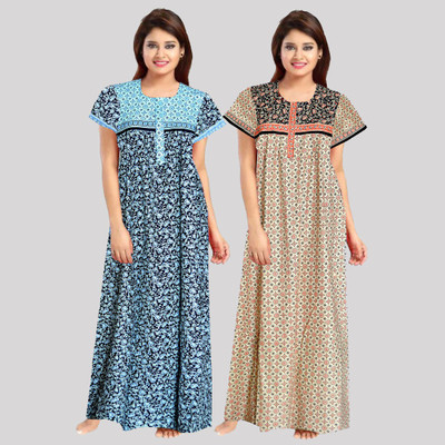 QKING Women Nighty(Blue, Brown)