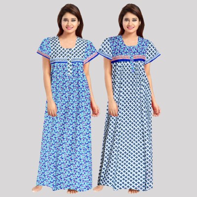 Trendy Fab Women Nighty Set(Blue, White)