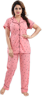 Womenoire Women Printed Pink, Black Shirt & Pyjama set