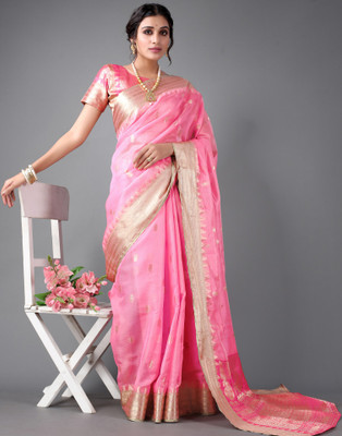 Satrani Self Design, Embellished, Woven Banarasi Jacquard, Pure Silk Saree(Gold, Pink)