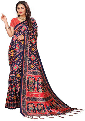 kaizen texo fab Printed Patola Silk Blend Saree(Dark Blue)