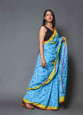 Craftmusium Printed, Color Block, Blocked Printed, Floral Print, Dyed Daily Wear Pure Cotton Saree(Blue)
