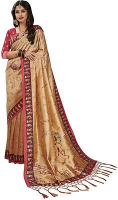 kaizen texo fab Printed Bhagalpuri Silk Blend Saree(Cream)