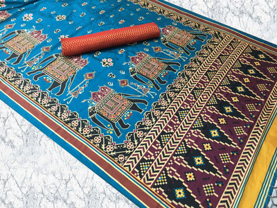 KAHIRAA WHOLETEX Digital Print Patola Silk Blend Saree(Light Blue)