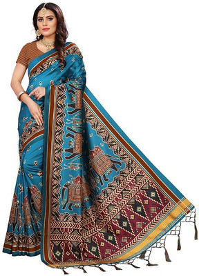 kaizen texo fab Printed Bhagalpuri Silk Blend Saree(Blue)