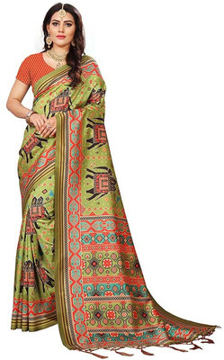 kaizen texo fab Printed Patola Silk Blend Saree(Light Green)
