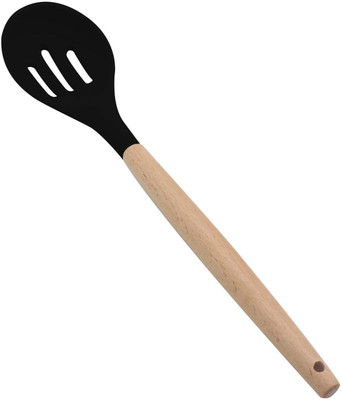 Flipkart SmartBuy Silicone Slotted Serving Spoon - with Wooden Handle, Black Non-Stick Spatula(Pack of 1)