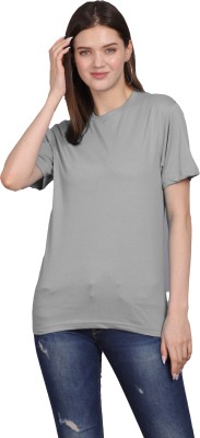 Patche Solid Women Round Neck Grey T-Shirt