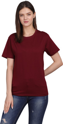 Patche Solid Women Round Neck Maroon T-Shirt