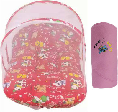 BABY ZONE Cotton, Polyester Single Sized Bedding Set(Red, Pink, 1 Pc. Baby Bedding with a Mosquito Net and 1 Pc. AC Blanket Combo Set)