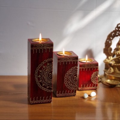 Rashi Creatives Red wooden T-light Holders Wooden 3 - Cup Tealight Holder Set(Red, Pack of 3)