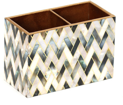 DULI 2 Compartments Pen Stand, Pencil Holder for Table Desk Décor Zigzag Print 2 Sections, Chammach Stand (10cm x 15cm)(Grey)
