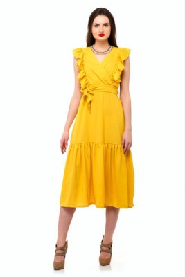 alable Women Fit and Flare Yellow Dress