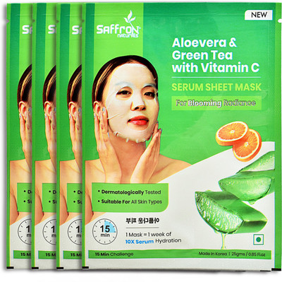 Saffron Naturals Aloevera & Green Tea Serum Face Sheet Mask with Vitamin C SET OF 4(100 ml)