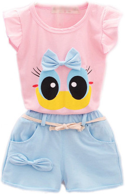 Bold N Elegant Baby Girls Casual T-shirt Shorts(Baby Pink, Blue)