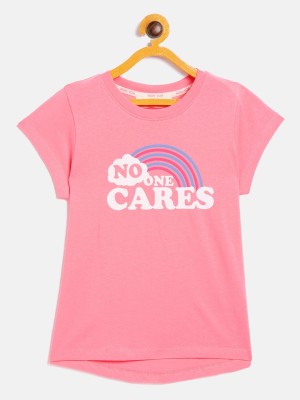 Noh.Voh - SASSAFRAS Kids Girls Typography, Printed Cotton Blend T Shirt(Pink, Pack of 1)