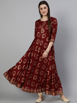 KIMAYRA Women Printed Flared Kurta(Maroon)