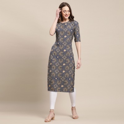 1 Stop Fashion Women Printed Straight Kurta(Dark Blue)