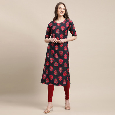 1 Stop Fashion Women Printed Straight Kurta(Black, Red)