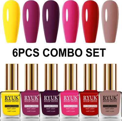 RYUK Long Shine HD Colors Nail Polish Combo Offer Set of 6 Pcs CODE-192 Yellow, Dark Magenta, Wine, Passion Pink, Red, Brown(Pack of 6)